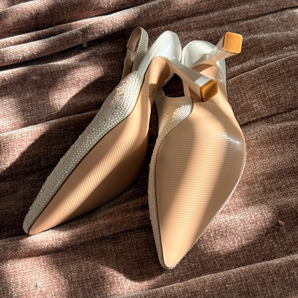 Embellished Ivory Slingback Kitten Heel Pumps - Picture 4 of 7